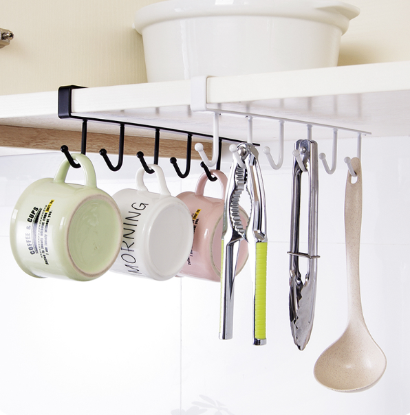 Kitchen Cabinet Under Shelf 6 Hooks Cup Mug Holder Kitchen Iron Hanging Storage Rack Cupboard Organizer Hooks Bedroom Wardrobe